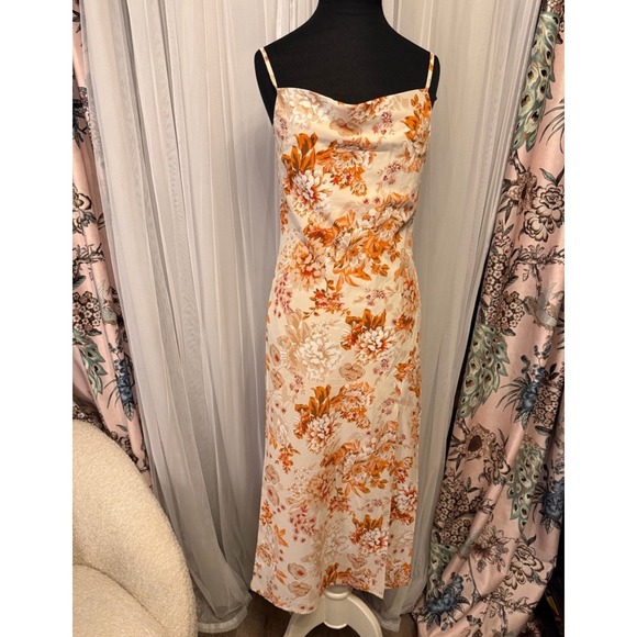 Petal & Pup Dresses & Skirts - Petal & Pup Floral Cowl Neck Midi Dress Orange Satin Cottagecore Wedding US 6